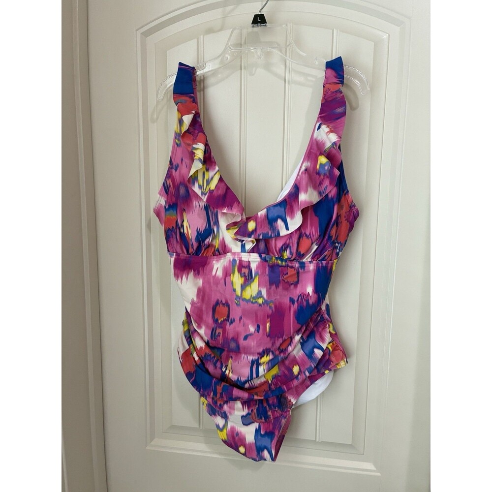 DKNY Ruffle Plunge Underwire Tummy Control One-Piece Swimsuit Sz 16 Pink